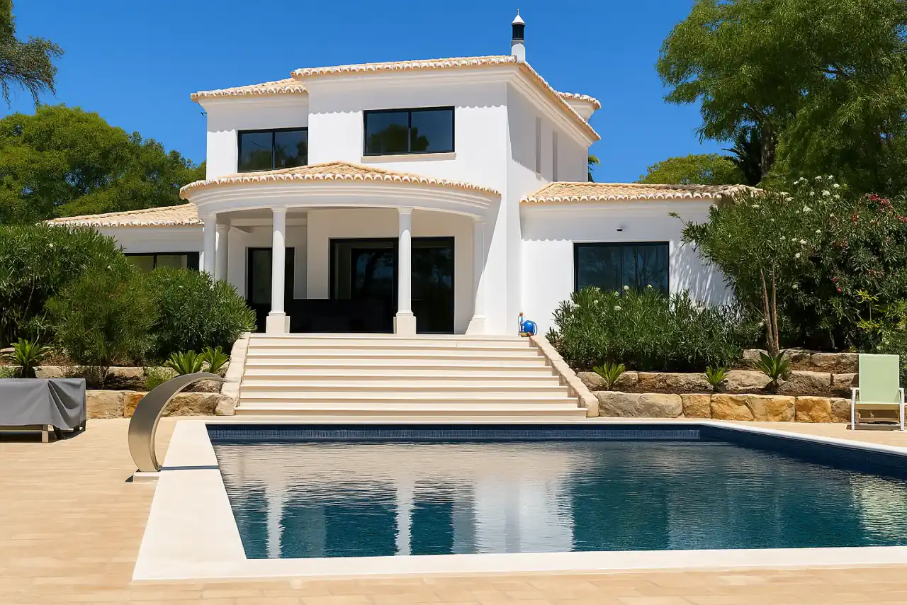 White villa with a tiled roof, stone steps and a pool in the Algarve